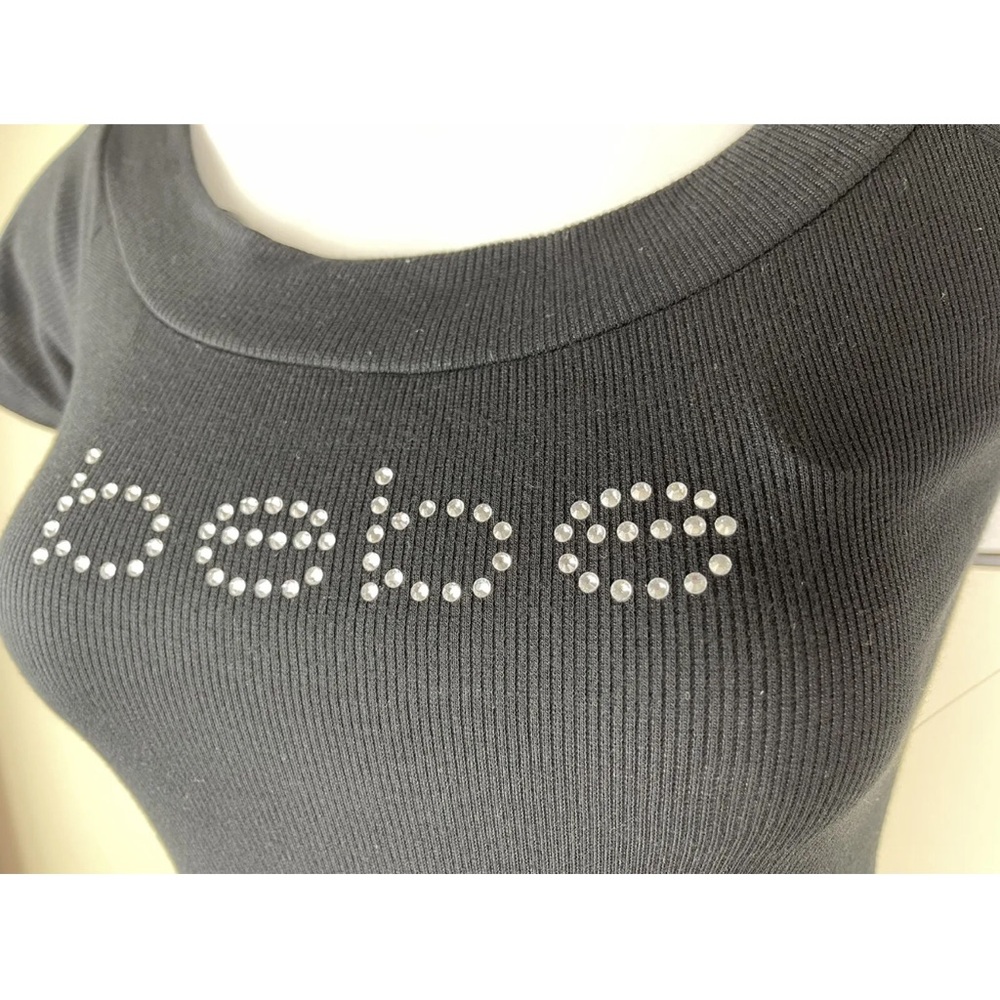 New BEBE rhinestone logo black dress 38.5” long Size M - Picture 6 of 13